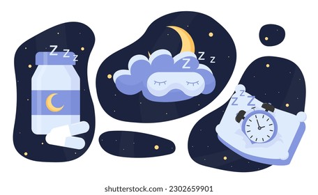 Juego de sueño. Pastillas de melatonina, nube con máscara de sueño y almohada con reloj despertador. Colección de insomnio nocturno y problemas de sueño. Ilustraciones de caricaturas de vectores planos aisladas en fondo blanco