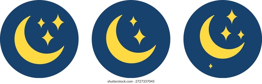 Set of Sleep Mode Icons Featuring Yellow Crescent Moons and Stars in Blue Circular Badges and Flat UI Styles