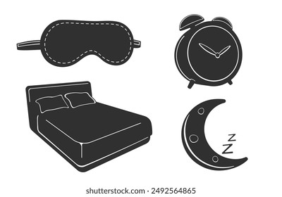 Set of sleep related icons. Vector illustrations on a white background. Bed, sleep, alarm, night, moon.