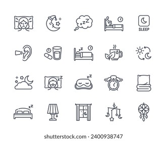 Set of Sleep Related Line Icons. Woman lying at pillow in sleeping mask. Rest, relax and recuperation. Mental issues, disorder and insomnia. Linear flat vector collection isolated on white background