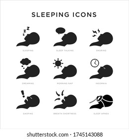 Set of Sleep Related Vector Icons for Sleeping Situations most likely related to Sleep Apnea, CPAP, CPAP Mask, and CPAP Machines.