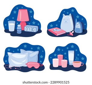 Set for sleep. Scented candles, glass with milk and water. Pillows and sleep mask, earplugs. Alarm clock, lamp and melatonin pills. Cartoon flat vector illustrations isolated on white background