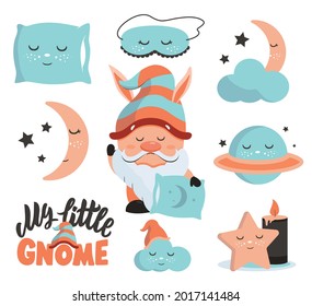 El conjunto de emoticones para dormir con gnomo, texto, planeta, estrellas y almohada. Los personajes adormilados de la colección son buenos para los diseños de los bebés. Ilustración del vector