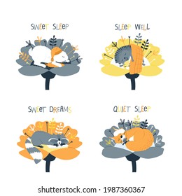 Set of sleeping animals. Raccoon on the pillow. Squirrel with nuts in a sleep mask. Hare with a carrot in a nightcap. Hedgehog with mushrooms under the covers. Flat vector illustration.
