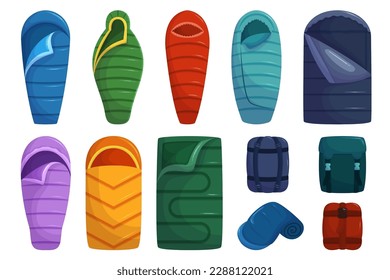 Conjunto De Bolsas De Dormir De Diferentes Colores Y Tamaños, Perfectas Para Camping Al Aire Libre O Esposos. Imagen Que Promueve Actividades Al Aire Libre O De Ocio. Ilustración del vector de dibujos animados