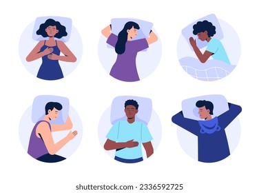 Set of sleeping characters. Women and men lie in various poses. Sleep on your back, side, and stomach. Top view. Vector illustrations in flat style.