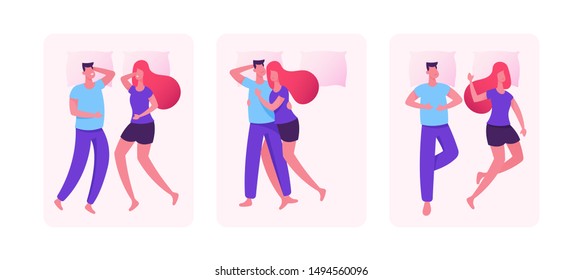 Set of Sleeping Couples. Young Man and Woman Lying on Bed in Different Positions for Sleep and Relax. Wife and Husband or Boyfriend and Girlfriend Having Leisure. Cartoon Flat Vector Illustration