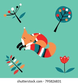 Set of sleeping fox and trees, vector.