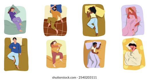 Set of Sleeping happy people, laying with blankets and pillows. Asleep men and woman, sleeping alone in beds. Bedtime and deep dream concept. Flat illustration people isolated on white background.