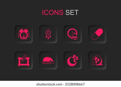 Set Sleeping hat, Dream catcher with feathers, Alarm clock, Moon and stars, pill, Sleepy,  and Pillow icon. Vector