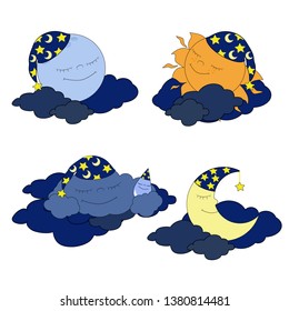 Set of sleeping moon, sun and cloud in night caps. Cartoons cute heavenly objects. Vector illustration of good-natured characters on a white background.