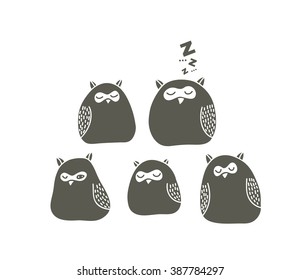Set of sleeping owls. Vector illustration.