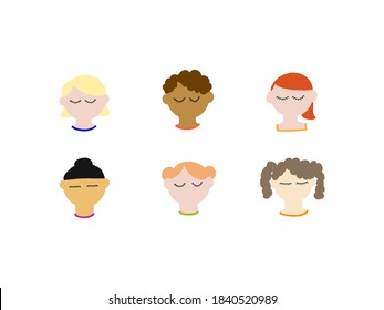 Set of sleeping people avatars for social media, website. Dreamy doodle portraits fashionable girls and guys.