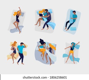 Conjunto de personajes para dormir. Hombre, mujer y familia duermen en camas en posadas relajantes. Vista superior. Ilustración vectorial colorida