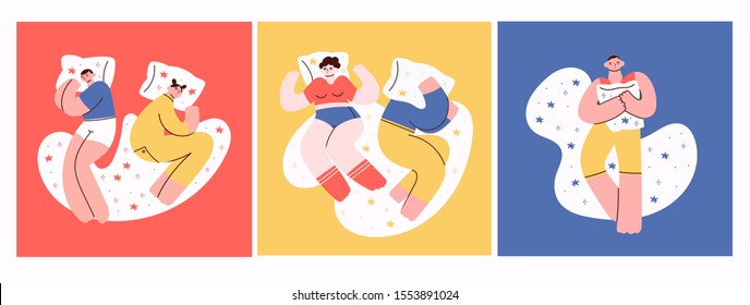 Set of sleeping people, couples. Men and women in bed. Top view. Hand drawn colored trendy vector illustrations. Cartoon style. Flat design. Every illustration is isolated