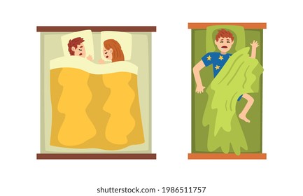 Grupo de personas durmiendo en la cama, vista desde arriba de personas asaltando en vectores de dibujos animados nocturnos Ilustración