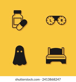 Set Sleeping pill, Big bed, Ghost and Contact lens container icon with long shadow. Vector