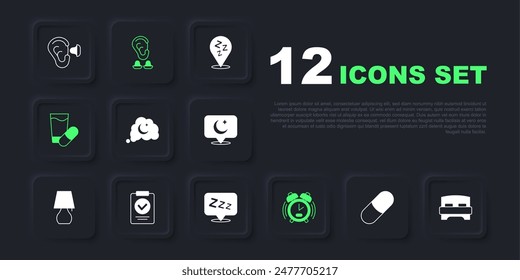 Set Sleeping pill, Big bed, Dreams, Alarm clock, Medical prescription, Earplugs and ear and Sleepy icon. Vector