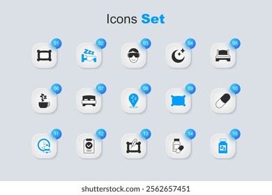 Set Sleeping pill, Big bed, Time to sleep, Alarm clock, Pillow and Sleepy icon. Vector