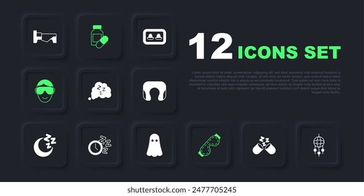 Set Sleeping pill, Dream catcher with feathers, Sleepy, Eye sleep mask, Alarm clock,  and Ghost icon. Vector