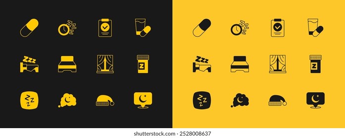 Set Sleeping pill, Dreams, Window with curtains, hat, Big bed, Medical prescription,  and Alarm clock icon. Vector