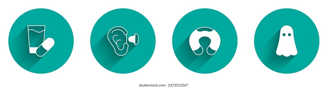 Set Sleeping pill, Earplugs and ear, Travel neck pillow and Ghost icon with long shadow. Vector