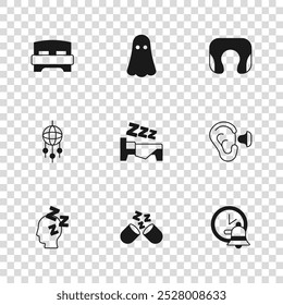 Set Sleeping pill, Earplugs and ear, Alarm clock, Time to sleep, Travel neck pillow, Big bed, Ghost and Dream catcher with feathers icon. Vector