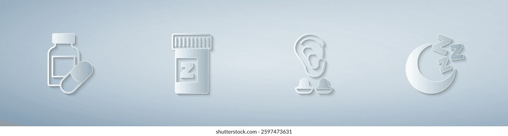 Set Sleeping pill, Earplugs and ear and Moon stars. Paper art style. Vector