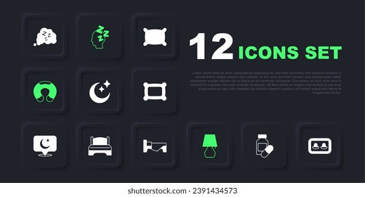 Set Sleeping pill, Earplugs with storage box, Moon and stars, Table lamp, Travel neck pillow, Big bed, Dreams and Bed icon. Vector