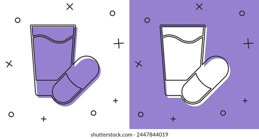 Icono de la pastilla para dormir aislado sobre fondo blanco y púrpura.  Vector