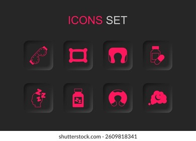 Set Sleeping pill, Pillow, Eye sleep mask, Travel neck pillow, Dreams,  and  icon. Vector