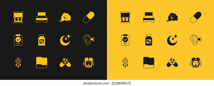 Set Sleeping pill, Pillow, Moon and stars, Dreams, Window with curtains and Big bed icon. Vector