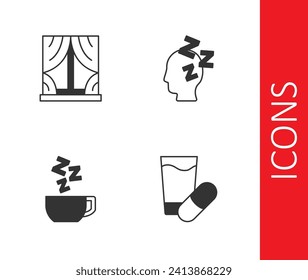Set Sleeping pill, Window with curtains, Chamomile tea and Dreams icon. Vector