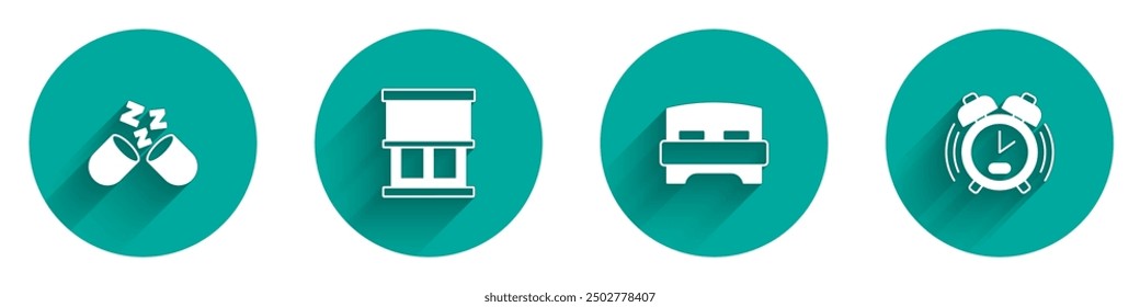 Set Sleeping pill, Window with curtains, Big bed and Alarm clock icon with long shadow. Vector