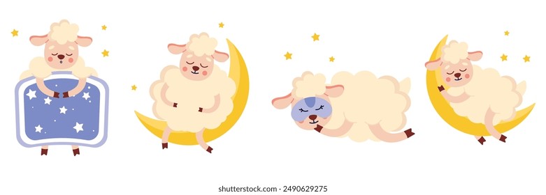 Set of sleeping sheep on crescent moon in cartoon style. Vector illustration of cute sheep sleeping in different poses in bed, on a moon, in a night mask, yellow stars isolated on a white background.