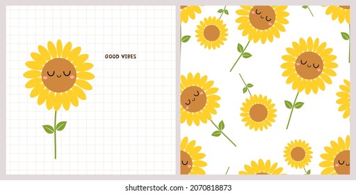 Set of sleeping sunflower cartoons on white background vector illustration. Sunflower on grid cells  background. Cute childish print.