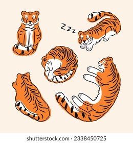 Set of sleeping tigers in various poses, hand drawn abstract wild animals, funny doodle striped cats. Vector illustration isolated on background