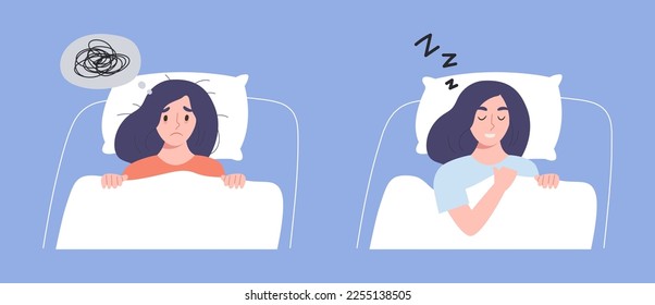 Set of sleepless and healthy sleep female on bed isolated on blue background. Concept of sleeping, health, insomnia, lifestyle, sleep quality, mental health. Flat vector illustration character.