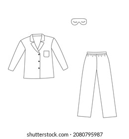 Set of sleepwear clothes. Doodle line art pajama and eye mask. Isolated vector illustration 