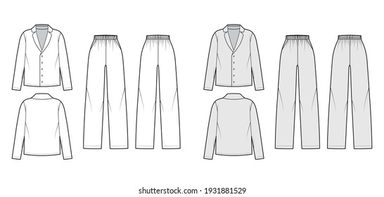 Set of Sleepwear Pajamas shirt, pants technical fashion illustration with full length, normal waist, oversized, pockets, long sleeves. Flat front back, white, grey color. Women, men unisex CAD mockup