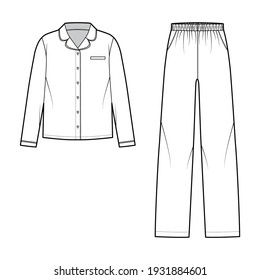 Set of Sleepwear Pajamas shirt, pants technical fashion illustration with full length, low waist, oversized, pockets, button closure, long sleeves. Flat front, white color style. Women, men CAD mockup