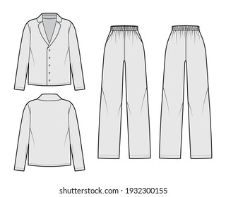 Set of Sleepwear Pajamas shirt, pants technical fashion illustration with full length, normal waist, oversized, pockets, button closure, long sleeves. Flat front back, grey color. Women men CAD mockup
