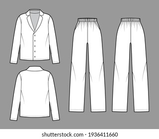 Set of Sleepwear Pajamas shirt, pants technical fashion illustration with full length, oversized, pockets, button closure, long sleeves. Flat front back, white color style. Women men unisex CAD mockup