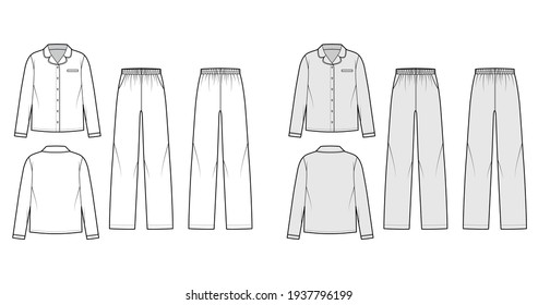 Juego de camisa de Sleepwear Pajamas, ilustración técnica de la moda en pantalones de longitud completa, bolsillos, cierre de botón, mangas largas. Delante plano, blanco, color gris. Mujeres, hombres unisex CAD mockup