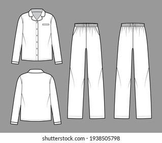 Set of Sleepwear Pajamas shirt, pants technical fashion illustration with full length, oversized, pockets, button closure, long sleeves. Flat front back, white color style. Women men unisex CAD mockup