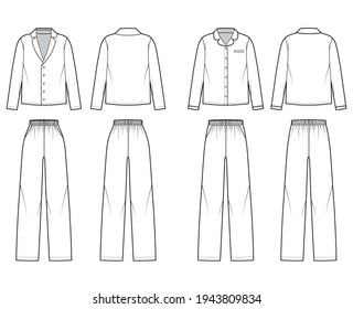 Set of Sleepwear Pajamas shirt, pants technical fashion illustration with full length, normal low waist, oversized, pockets, long sleeves. Flat front back, white color style. Women, men CAD mockup