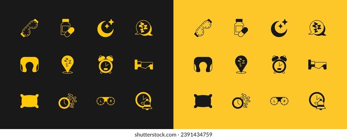 Set Sleepy, Alarm clock, Contact lens container, Moon and stars, Eye sleep mask and Sleeping pill icon. Vector