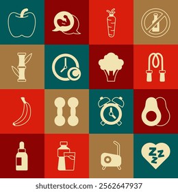 Set Sleepy, Avocado fruit, Jump rope, Carrot, Time to sleep, Bamboo, Apple and Broccoli icon. Vector