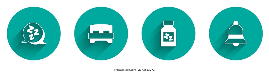 Set Sleepy, Big bed, Sleeping pill and Ringing bell icon with long shadow. Vector