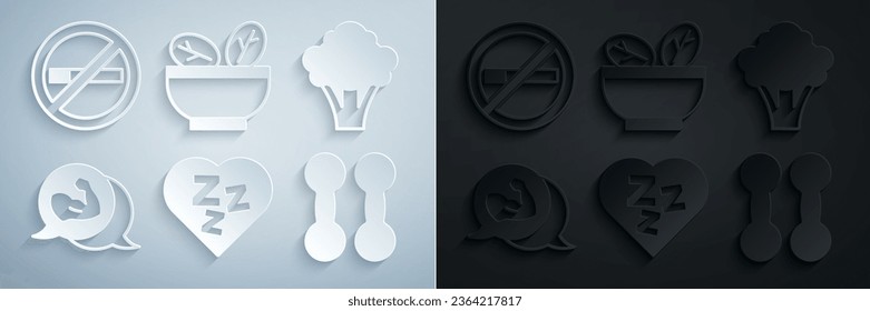 Set Sleepy, Broccoli, Bodybuilder muscle, Dumbbell, Salad in bowl and No Smoking icon. Vector